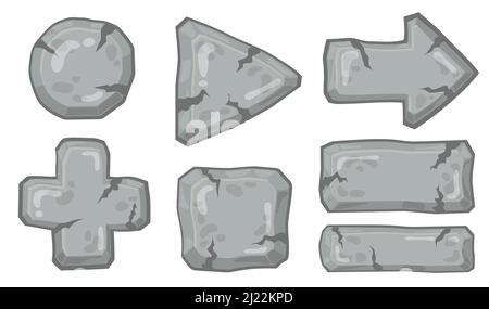 Jeu de flèches et de panneaux en pierre. Panneaux et panneaux rectangulaires, pointeurs de roche en caoutchouc, croix médicale, comprimés de planche. Illustration vectorielle pour application de jeu en ligne Illustration de Vecteur