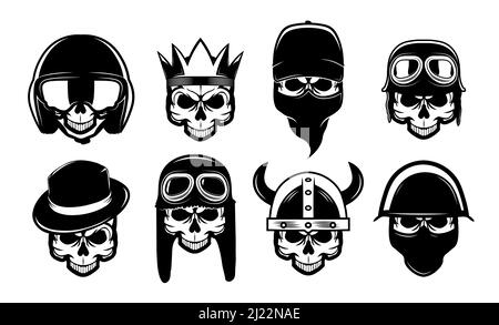 Différents crânes noirs en bandana, chapeau ou casque ensemble d'icône plate. Symboles rock de motards pour la collection d'illustrations vectorielles de tatouage ou de moto. Rebel, un Illustration de Vecteur