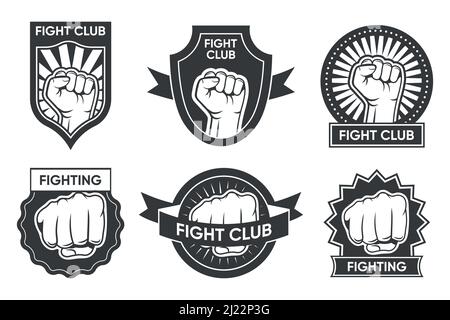 Ensemble logo Fight Club. Emblèmes monochromes vintage avec bras et poing serré, médaille et ruban. Collection d'illustrations vectorielles pour la boxe ou le kickboxing, Illustration de Vecteur