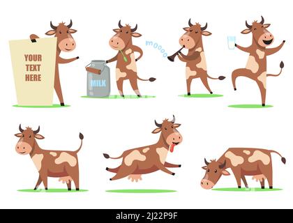 Ensemble de vache drôle de dessin animé. Adorable personnage animal souriant dans une action différente, bonne vache dansant avec un verre de lait, mâcher de l'herbe, s'amuser. Pour la ferme an Illustration de Vecteur