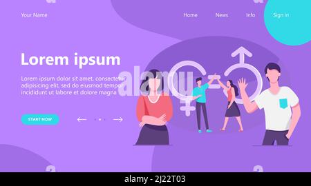 L'homme et la femme donnent cinq hauts. Caractères masculins et féminins avec symboles de sexe et marques égales. Illustration vectorielle pour l'égalité, la discrimination, DIVE Illustration de Vecteur