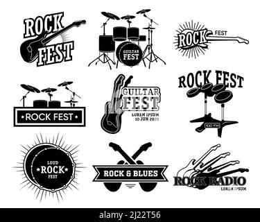 Collection d'emblèmes rock rétro. Des illustrations isolées monochromes de guitare et de batterie, de rock fest et de texte radio. Pour l'annonce de concerts, blues b Illustration de Vecteur
