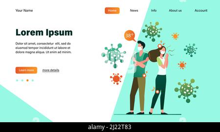 Les personnes infectées portant un masque facial souffrant d'anxiété et de symptômes du coronavirus. L'homme et la femme ressentent de la fièvre, des douleurs à la tête et aux articulations. Peut être utilisé pour Illustration de Vecteur