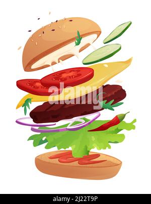 Délicieux hamburger volant avec Chili, tomate, fromage, concombre, viande, oignon, ketchup et salade. Petits pains au sésame. Illustration de dessin animé. Illustration de Vecteur