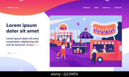 Les gens qui visitent la foire alimentaire de la rue. Parents et enfants achetant de la nourriture rapide dans des camions à l'extérieur. Peut être utilisé pour le festival alimentaire d'été, le concept d'événement de parc Illustration de Vecteur