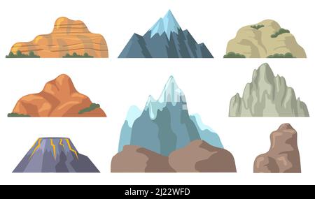 Divers pics de montagne plate Icon set. Formes de dessin animé de colline rocheuse, sommet promontoire enneigé, roche, collection d'illustrations vectorielles isolées de volcan. Terrains Illustration de Vecteur