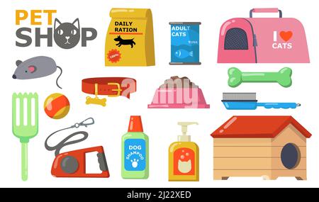 Les animaux sont mouillés. Nourriture et accessoires pour chats et chiens soins, bol, collier, brosse, jouets, laisse, shampooing, canette, chenil. Illustration vectorielle pour PET sh Illustration de Vecteur