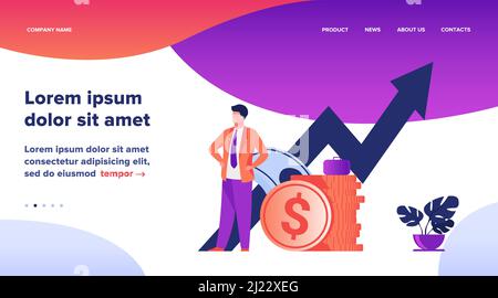 Entrepreneur ou investisseur réussi présentant la pile d'argent et le diagramme de croissance. Homme d'affaires en costume debout en espèces. Illustration vectorielle pour le banc Illustration de Vecteur