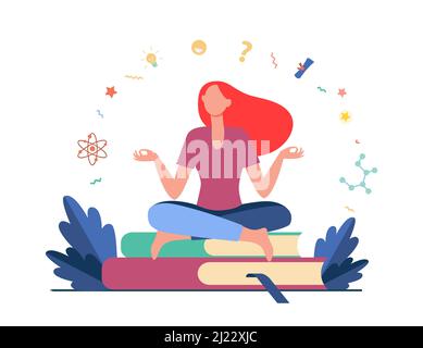 Femme assise et méditant sur une pile de livres. Étudiant, étude, apprentissage de l'illustration vectorielle plate. Concept d'éducation et de connaissance pour bannière, site Web Illustration de Vecteur