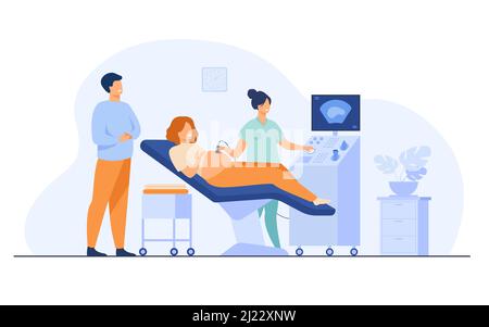 Concept de soins prénatals. Échographiste examinant et examinant la femme enceinte tout en attendant que le père regarde le moniteur. Illustration vectorielle pour médical ex Illustration de Vecteur