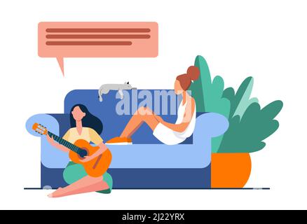 Deux amies à la maison. Femme jouant de la guitare et chantant, en soutenant l'illustration vectorielle plate de l'ami déprimé. Concept d'amitié Illustration de Vecteur