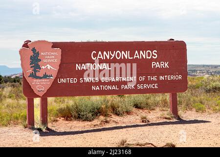 Moab, États-Unis - 31 juillet 2015 : panneau d'entrée pour le parc national de Canyonlands près de Moab, États-Unis. Banque D'Images