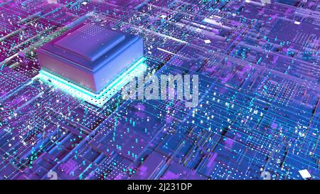 Carte à circuits imprimés avec processeur central, puce de carte mère numérique fonctionnant avec des milliers de connexions lumineuses et violet et bleu Banque D'Images