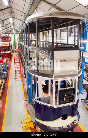 Derbyshire, Royaume-Uni – 5 avril 2018 : le village de tramway de Crich est un musée national en activité qui restaure et répare activement les tramways d'époque Banque D'Images