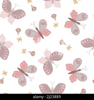 Petit papillon rose fantaisie, motif fleuri sans couture, illustration simple à vecteur plat, symbole des vacances de Pâques, printemps, décoration de célébration d'été, ornement textile, décoration de printemps, un insecte mignon Illustration de Vecteur