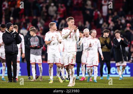 Copenhague, Danemark. 29th mars 2022. Jannik Vestergaard (3) du Danemark vu après le football amical entre le Danemark et la Serbie à Parken à Copenhague. (Crédit photo : Gonzales photo/Alamy Live News Banque D'Images