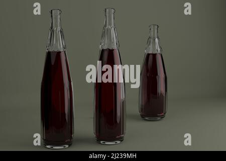 Trois flacons en verre avec liquide rouge foncé sur fond gris. Vin ou jus. Banque D'Images