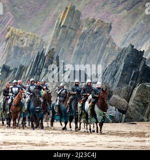 Filmer une scène de Blanche Neige et le Chasseur publié en juin 2012 sur la plage de Freshwater East Pembrokeshire. Banque D'Images