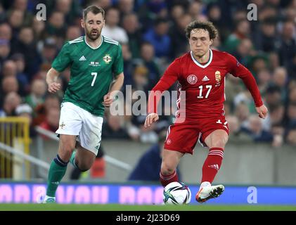 Callum Styles (à droite) en Hongrie et Niall McGinn en Irlande du Nord se battent pour le ballon lors du match international amical à Windsor Park, Belfast. Date de la photo: Mardi 29 mars 2022. Banque D'Images