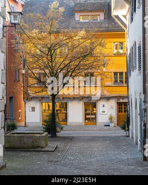 Zug, Suisse - 31 décembre 2021 : jardin intérieur de la ville Zug avec arbre et ancienne façade en bois coloré sur le bâtiment Banque D'Images