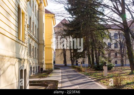 Soproni Egyetem (Université de Sopron) bâtiments et bustes de professeurs célèbres dans le jardin botanique de Sopron, Hongrie Banque D'Images