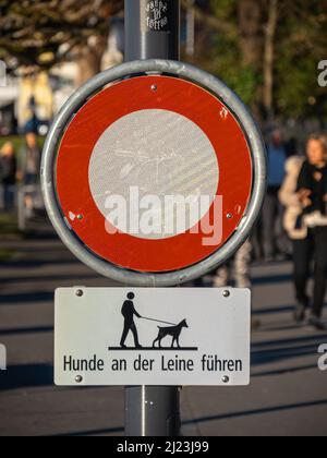 Zug, Suisse - 31 décembre 2021: Concentrez-vous sur le panneau où les chiens ne sont pas permis d'être libres, le texte sur le panneau dit que les chiens devraient être sur le Banque D'Images