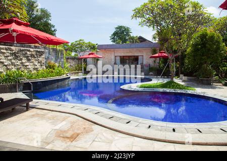 Vue sur l'hôtel Vila Shanti Beach à Sanur, Bali, Indonésie. Banque D'Images