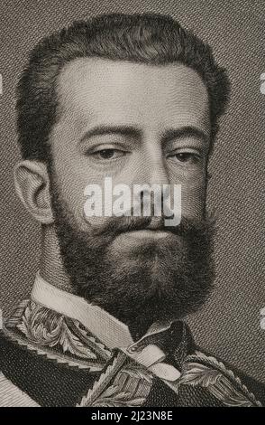 Amadeo I d'Espagne (1845-1890). Roi d'Espagne du 2 janvier 1871 au 11 février 1873. Premier duc d'Aoste. Portrait. Gravure de J. Furtó. Détails. Historia général de España par Modesto Lafuente. Volume IV Publié à Barcelone, 1882. Auteur: Joaquín Furnó i Abad (1832-1918). Graveur espagnol. Banque D'Images