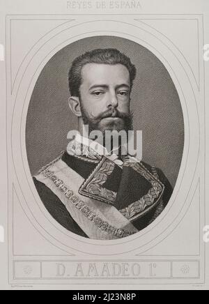 Amadeo I d'Espagne (1845-1890). Roi d'Espagne du 2 janvier 1871 au 11 février 1873. Premier duc d'Aoste. Portrait. Gravure de J. Furtó. Historia général de España par Modesto Lafuente. Volume IV Publié à Barcelone, 1882. Auteur: Joaquín Furnó i Abad (1832-1918). Graveur espagnol. Banque D'Images