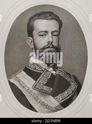 Amadeo I d'Espagne (1845-1890). Roi d'Espagne du 2 janvier 1871 au 11 février 1873. Premier duc d'Aoste. Portrait. Gravure de J. Furtó. Historia général de España par Modesto Lafuente. Volume IV Publié à Barcelone, 1882. Auteur: Joaquín Furnó i Abad (1832-1918). Graveur espagnol. Banque D'Images