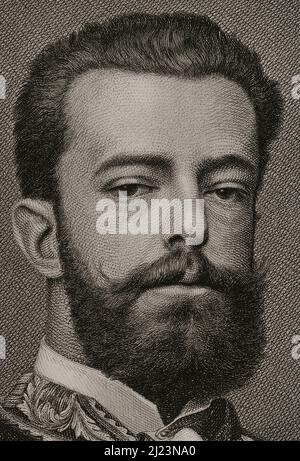 Amadeo I d'Espagne (1845-1890). Roi d'Espagne du 2 janvier 1871 au 11 février 1873. Premier duc d'Aoste. Portrait. Gravure de J. Furtó. Détails. Historia général de España par Modesto Lafuente. Volume IV Publié à Barcelone, 1882. Auteur: Joaquín Furnó i Abad (1832-1918). Graveur espagnol. Banque D'Images