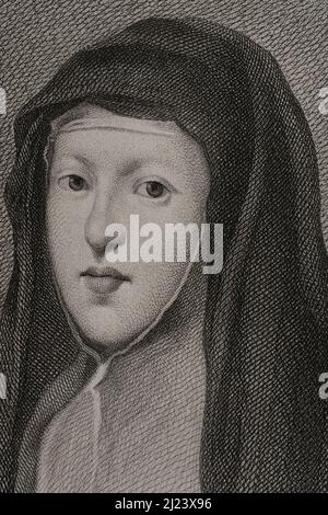 Mariana d'Autriche (1634-1696). La reine consort d'Espagne (1649-1665) comme deuxième femme de Philippe IV et régent (1665-1675) comme mère de Charles II (1661-1700). Portrait. Gravure par Masson. Lithographie par Magín Pujadas. Détails. Historia général de España, par Modesto Lafuente. Volume III Publié à Barcelone, 1879. Auteur: Magín Pujadas. Graveur espagnol et lithographe datant de 19th ans. Alphonse Masson (1810/14-1898). Extraction française. Banque D'Images