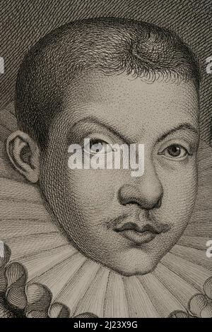 Philip III (1578-1621). Roi d'Espagne (1598-1621) et aussi, comme Philippe II, roi du Portugal, Naples, Sicile et Sardaigne. Portrait. Gravure par Masson. Lithographiée par Magín Pujadas. Détails. Historia général de España, par Modesto Lafuente. Volume III Publié à Barcelone, 1879. Auteur: Magín Pujadas. Graveur espagnol et lithographe datant de 19th ans. Alphonse Masson (1810/14-1898). Extraction française. Banque D'Images