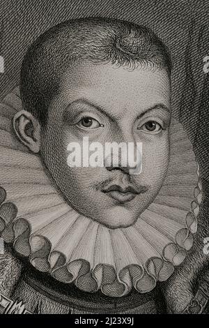 Philip III (1578-1621). Roi d'Espagne (1598-1621) et aussi, comme Philippe II, roi du Portugal, Naples, Sicile et Sardaigne. Portrait. Gravure par Masson. Lithographiée par Magín Pujadas. Détails. Historia général de España, par Modesto Lafuente. Volume III Publié à Barcelone, 1879. Auteur: Magín Pujadas. Graveur espagnol et lithographe datant de 19th ans. Alphonse Masson (1810/14-1898). Extraction française. Banque D'Images