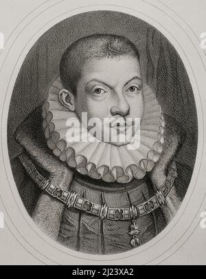 Philip III (1578-1621). Roi d'Espagne (1598-1621) et aussi, comme Philippe II, roi du Portugal, Naples, Sicile et Sardaigne. Portrait. Gravure par Masson. Lithographiée par Magín Pujadas. Historia général de España, par Modesto Lafuente. Volume III Publié à Barcelone, 1879. Auteur: Magín Pujadas. Graveur espagnol et lithographe datant de 19th ans. Alphonse Masson (1810/14-1898). Extraction française. Banque D'Images