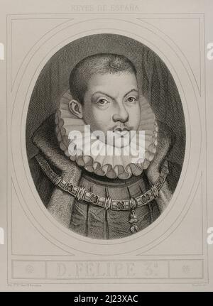 Philip III (1578-1621). Roi d'Espagne (1598-1621) et aussi, comme Philippe II, roi du Portugal, Naples, Sicile et Sardaigne. Portrait. Gravure par Masson. Lithographiée par Magín Pujadas. Historia général de España, par Modesto Lafuente. Volume III Publié à Barcelone, 1879. Auteur: Magín Pujadas. Graveur espagnol et lithographe datant de 19th ans. Alphonse Masson (1810/14-1898). Extraction française. Banque D'Images