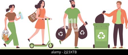 Les gens modernes se soucient de l'environnement. Les gens trient les ordures, font un scooter, utilisent des sacs réutilisables et des bouteilles. Concept écologique. Un style de vie écologique sans gaspillage. Illustration vectorielle à plat Illustration de Vecteur