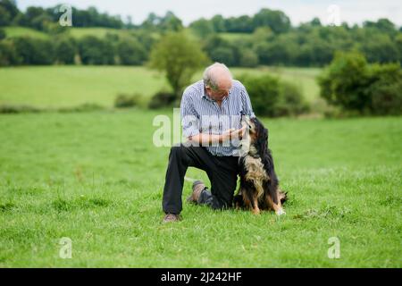 Mon ami le plus proche. Photo d'un fermier mûr gai s'agenouillant et tenant son chien à l'extérieur sur un terrain vert. Banque D'Images