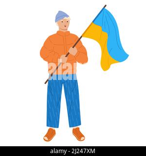 Mettre fin à la guerre en Ukraine, les jeunes hommes au rassemblement détiennent des drapeaux de soutien au pays. Le caractère humain participe à la réunion de participation politique. Protestation, parade contre la guerre. Illustration de la conception plate Illustration de Vecteur