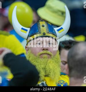 Chorzow, Pologne. 30th mars 2022. Le fan suédois lors de la coupe du monde de la FIFA, Qatar 2022 qualification finale du match entre la Pologne et la Suède au stade Silésien de Chorzow, Pologne, le 29 mars 2022 (photo par Andrew SURMA/ Credit: SIPA USA/Alamy Live News Banque D'Images