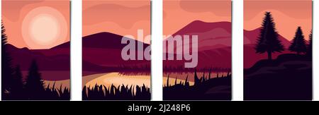 Ensemble de 4 pcs paysages de montagnes et de forêts - illustration vectorielle Illustration de Vecteur