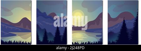 Ensemble de 4 pcs paysages de montagnes et de forêts - illustration vectorielle Illustration de Vecteur