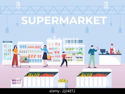 Supermarché avec étagères, articles d'épicerie et chariot complet, détail, produits et consommateurs en dessin animé Illustration de Vecteur