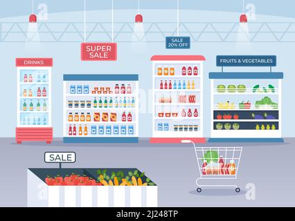 Supermarché avec étagères, articles d'épicerie et chariot complet, détail, produits et consommateurs en dessin animé Illustration de Vecteur