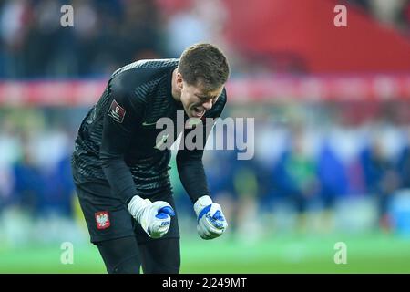 Chorzow, Pologne. 29th mars 2022. Wojciech Szczesny, de Pologne, réagit lors du match de qualification de la coupe du monde de la FIFA 2022 entre la Pologne et la Suède à Chorzow, en Pologne, le 29 mars 2022. Credit: Lukasz Sobala/Xinhua/Alamy Live News Banque D'Images