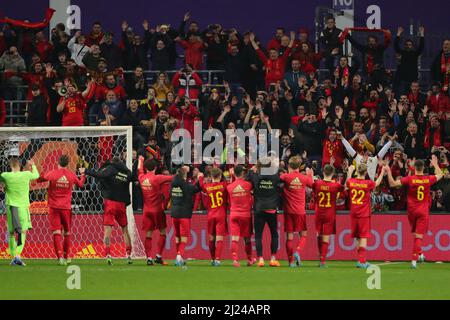 Bruxelles, Belgique. 29th mars 2022. Les joueurs belges accueillent des spectateurs après le match international de football amical entre la Belgique et le Burkina Faso à Bruxelles, Belgique, le 29 mars 2022. Credit: Zheng Huansong/Xinhua/Alay Live News Banque D'Images