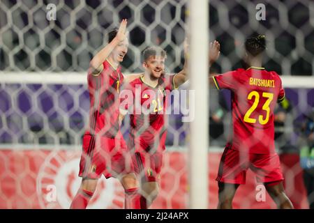 Bruxelles, Belgique. 29th mars 2022. Hans Vanaken (L), de Belgique, célèbre ses scores lors d'un match international de football amical entre la Belgique et le Burkina Faso à Bruxelles, Belgique, le 29 mars 2022. Credit: Zheng Huansong/Xinhua/Alay Live News Banque D'Images