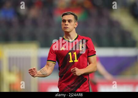 Bruxelles, Belgique. 29th mars 2022. Leandro Trossard, de Belgique, célèbre ses scores lors d'un match international de football amical entre la Belgique et le Burkina Faso à Bruxelles, Belgique, le 29 mars 2022. Credit: Zheng Huansong/Xinhua/Alay Live News Banque D'Images