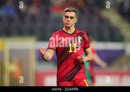 Bruxelles, Belgique. 29th mars 2022. Leandro Trossard, de Belgique, célèbre ses scores lors d'un match international de football amical entre la Belgique et le Burkina Faso à Bruxelles, Belgique, le 29 mars 2022. Credit: Zheng Huansong/Xinhua/Alay Live News Banque D'Images