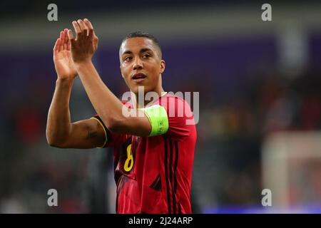 Bruxelles, Belgique. 29th mars 2022. Youri Tielemans de Belgique accueille des spectateurs après le match international de football amical entre la Belgique et le Burkina Faso à Bruxelles, Belgique, le 29 mars 2022. Credit: Zheng Huansong/Xinhua/Alay Live News Banque D'Images